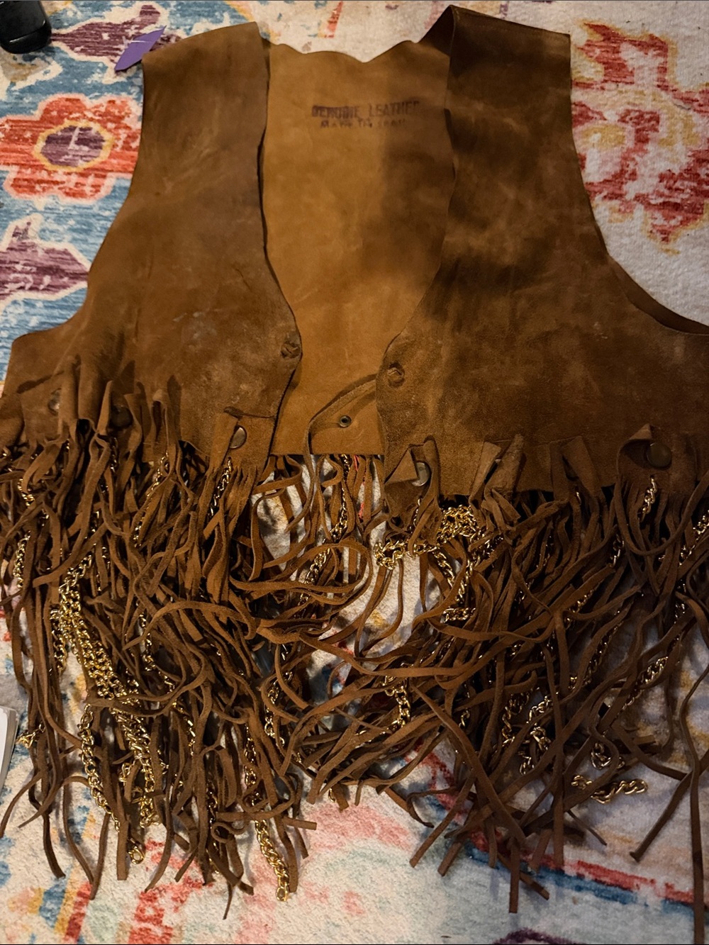 Vintage Brown Suede Fringe Vest with Gold Chain Trim